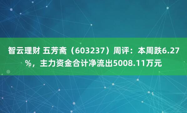 智云理财 五芳斋（603237）周评：本周跌6.27%，主力资金合计净流出5008.11万元